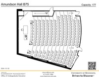 Plan view of the classroom that provides room capacity, seating locations and exits. A QR code links to room schedule and contact information is in the footer