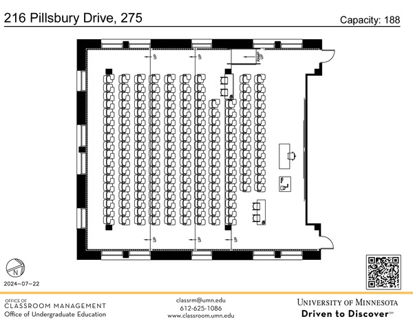 Plan view of the classroom that provides room capacity, seating locations and exits. A QR code links to room schedule and contact information is in the footer