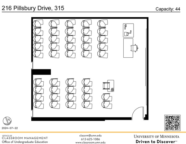 Plan view of the classroom that provides room capacity, seating locations and exits. A QR code links to room schedule and contact information is in the footer