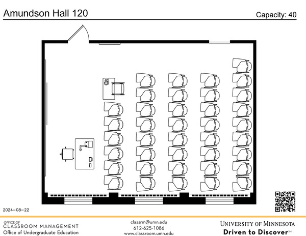 Plan view of the classroom that provides room capacity, seating locations and exits. A QR code links to room schedule and contact information is in the footer