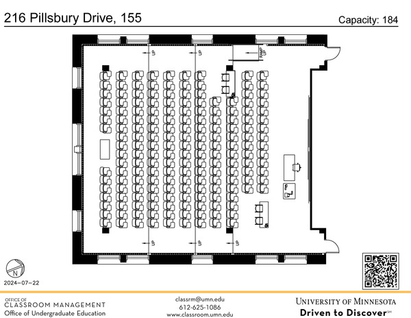 Plan view of the classroom that provides room capacity, seating locations and exits. A QR code links to room schedule and contact information is in the footer