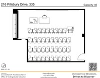 Plan view of the classroom that provides room capacity, seating locations and exits. A QR code links to room schedule and contact information is in the footer