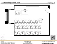 Plan view of the classroom that provides room capacity, seating locations and exits. A QR code links to room schedule and contact information is in the footer