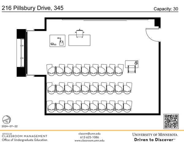 Plan view of the classroom that provides room capacity, seating locations and exits. A QR code links to room schedule and contact information is in the footer