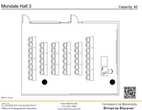 Plan view of the classroom that provides room capacity, seating locations and exits. A QR code links to room schedule and contact information is in the footer