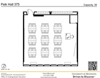 Plan view of the classroom that provides room capacity, seating locations and exits. A QR code links to room schedule and contact information is in the footer