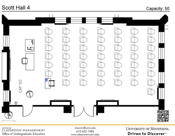 Plan view of the classroom that provides room capacity, seating locations and exits. A QR code links to room schedule and contact information is in the footer