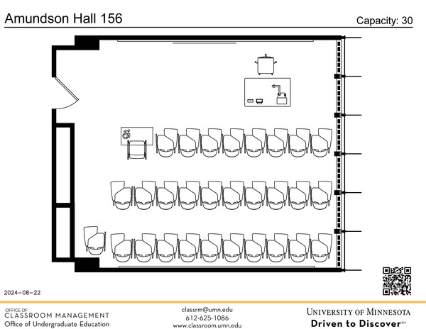 Plan view of the classroom that provides room capacity, seating locations and exits. A QR code links to room schedule and contact information is in the footer