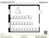 Plan view of the classroom that provides room capacity, seating locations and exits. A QR code links to room schedule and contact information is in the footer