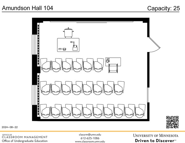 Plan view of the classroom that provides room capacity, seating locations and exits. A QR code links to room schedule and contact information is in the footer