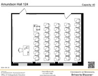 Plan view of the classroom that provides room capacity, seating locations and exits. A QR code links to room schedule and contact information is in the footer