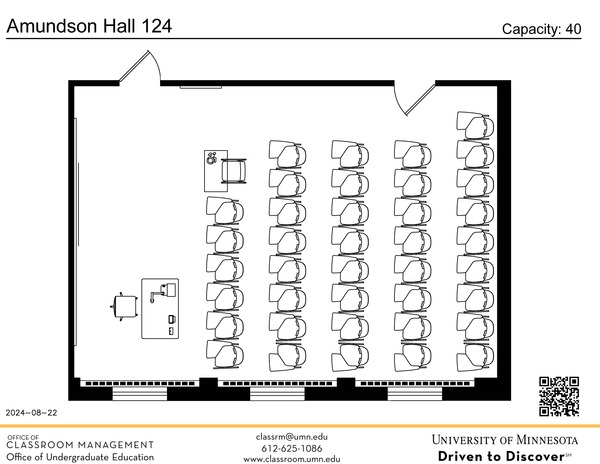 Plan view of the classroom that provides room capacity, seating locations and exits. A QR code links to room schedule and contact information is in the footer