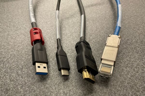 Pedestal - laptop cable connections with cables pulled out showing cable ends