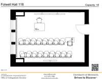 Plan view of the classroom that provides room capacity, seating locations and exits. A QR code links to room schedule and contact information is in the footer