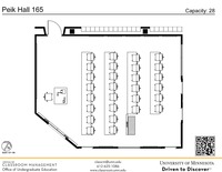 Plan view of the classroom that provides room capacity, seating locations and exits. A QR code links to room schedule and contact information is in the footer