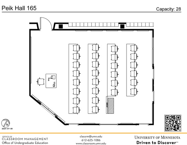 Plan view of the classroom that provides room capacity, seating locations and exits. A QR code links to room schedule and contact information is in the footer