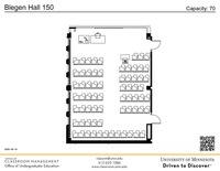 Plan view of the classroom that provides room capacity, seating locations and exits. A QR code links to room schedule and contact information is in the footer