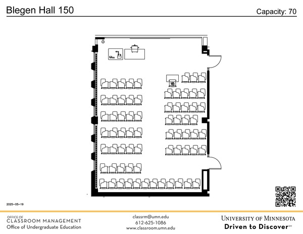 Plan view of the classroom that provides room capacity, seating locations and exits. A QR code links to room schedule and contact information is in the footer