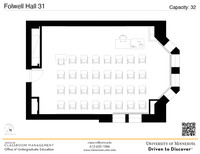 Plan view of the classroom that provides room capacity, seating locations and exits. A QR code links to room schedule and contact information is in the footer.