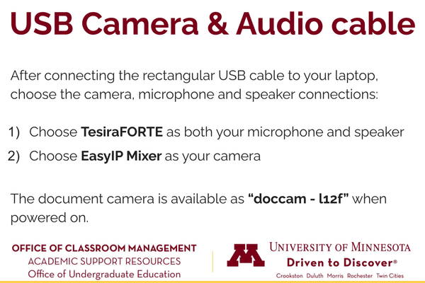 Instructions for USB camera and audio cable signal names: 1)  choose TesiraFORTE for microphone and speaker, 2) choose EasyIP Mixer for camera 