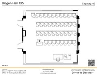 Plan view of the classroom that provides room capacity, seating locations and exits. A QR code links to room schedule and contact information is in the footer