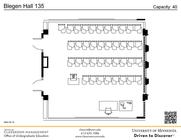 Plan view of the classroom that provides room capacity, seating locations and exits. A QR code links to room schedule and contact information is in the footer