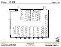 Plan view of the classroom that provides room capacity, seating locations and exits. A QR code links to room schedule and contact information is in the footer