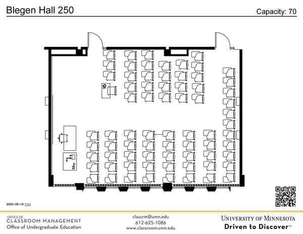Plan view of the classroom that provides room capacity, seating locations and exits. A QR code links to room schedule and contact information is in the footer
