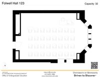 Plan view of the classroom that provides room capacity, seating locations and exits. A QR code links to room schedule and contact information is in the footer.