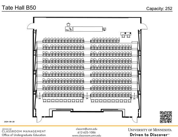 Plan view of the classroom that provides room capacity, seating locations and exits. A QR code links to room schedule and contact information is in the footer