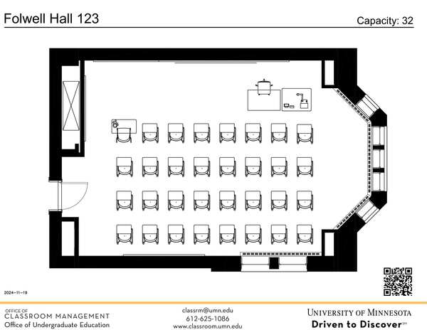 Plan view of the classroom that provides room capacity, seating locations and exits. A QR code links to room schedule and contact information is in the footer