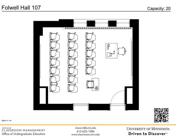 Plan view of the classroom that provides room capacity, seating locations and exits. A QR code links to room schedule and contact information is in the footer