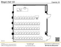 Plan view of the classroom that provides room capacity, seating locations and exits. A QR code links to room schedule and contact information is in the footer
