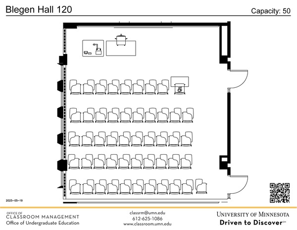 Plan view of the classroom that provides room capacity, seating locations and exits. A QR code links to room schedule and contact information is in the footer