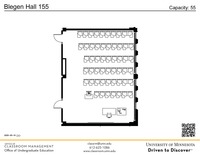 Plan view of the classroom that provides room capacity, seating locations and exits. A QR code links to room schedule and contact information is in the footer