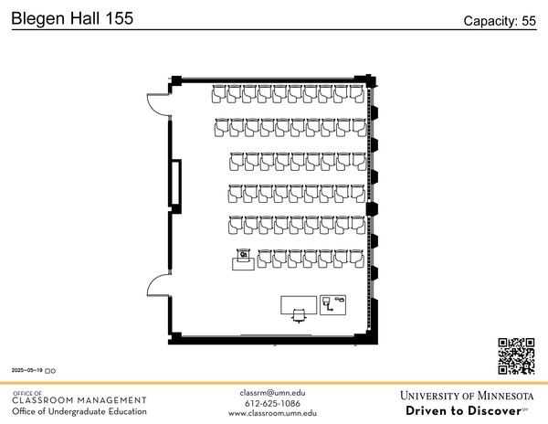 Plan view of the classroom that provides room capacity, seating locations and exits. A QR code links to room schedule and contact information is in the footer