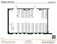 Plan view of the classroom that provides room capacity, seating locations and exits. A QR code links to room schedule and contact information is in the footer