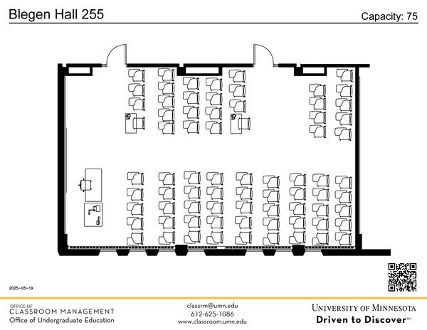 Plan view of the classroom that provides room capacity, seating locations and exits. A QR code links to room schedule and contact information is in the footer