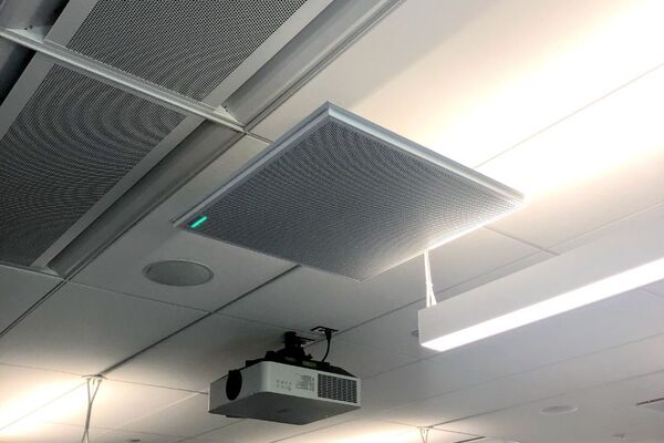 A 2¿ x 2¿ tile mounted to the ceiling to provide microphone coverage over student seating