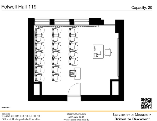 Plan view of the classroom that provides room capacity, seating locations and exits. A QR code links to room schedule and contact information is in the footer