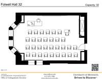 Plan view of the classroom that provides room capacity, seating locations and exits. A QR code links to room schedule and contact information is in the footer