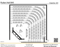 Plan view of the classroom that provides room capacity, seating locations and exits. A QR code links to room schedule and contact information is in the footer